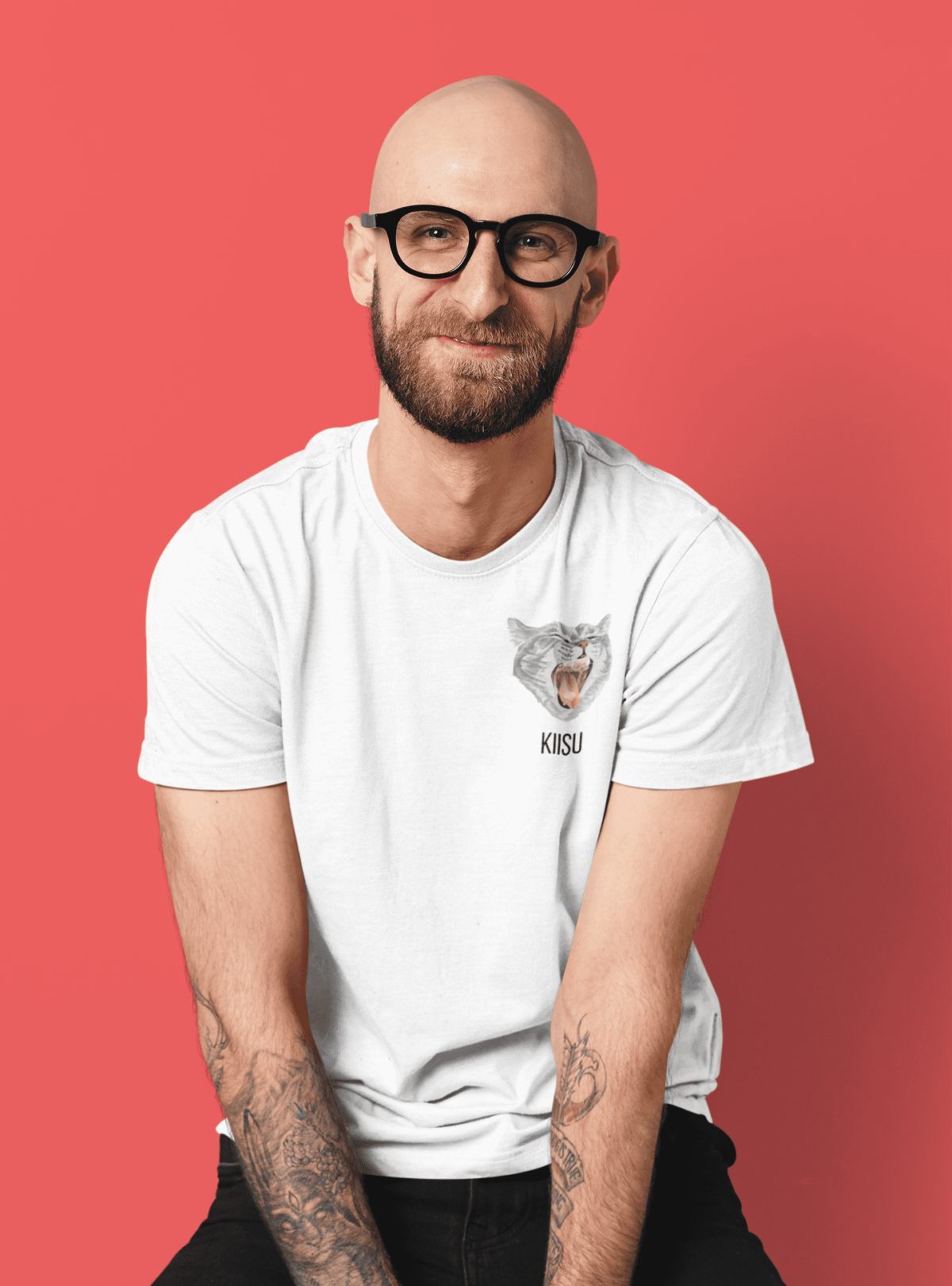 mockup of a happy bearded man wearing a basic t shirt at a studio m1430 r el2 e1678290758392