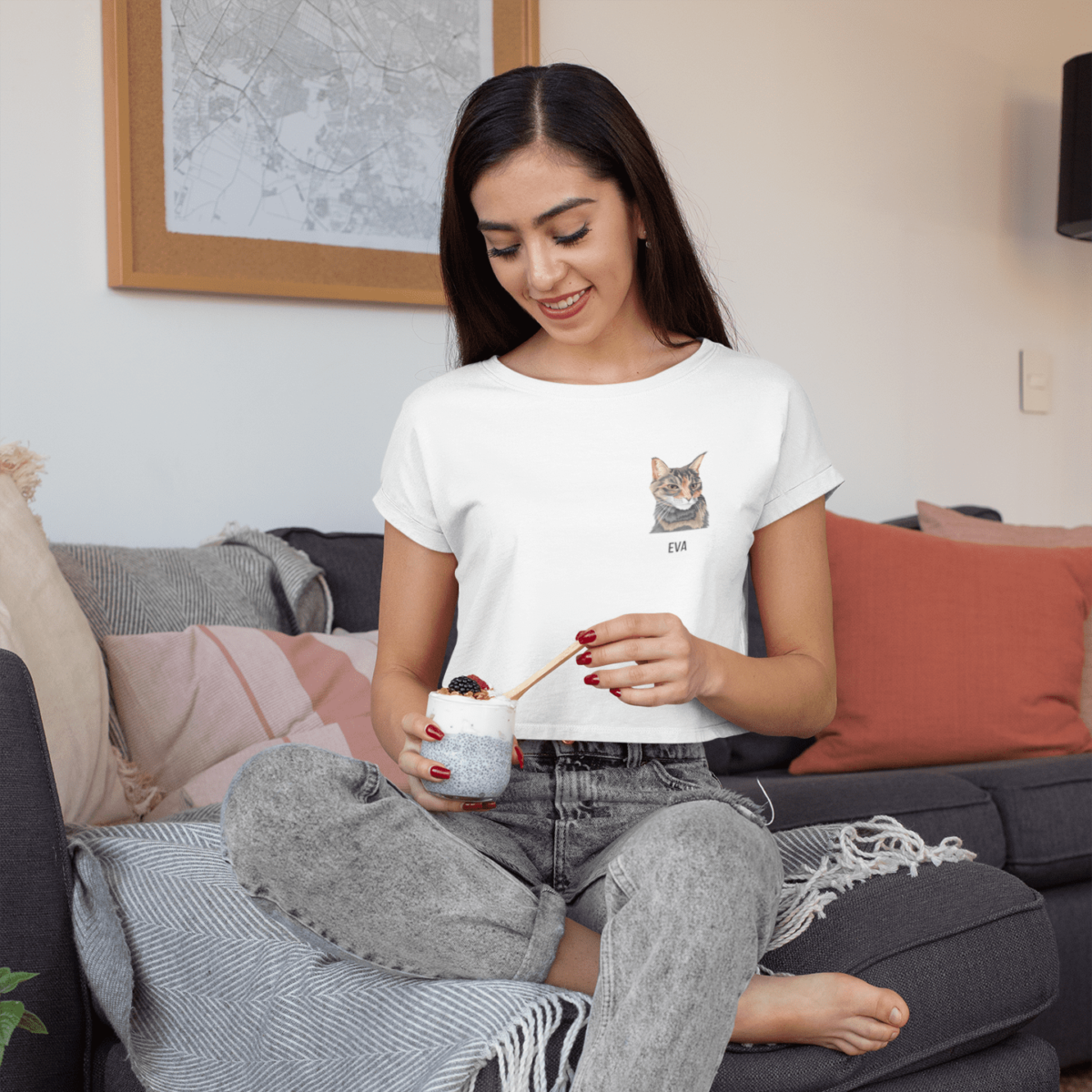 crop top tee mockup featuring a young woman eating at home 32759 square